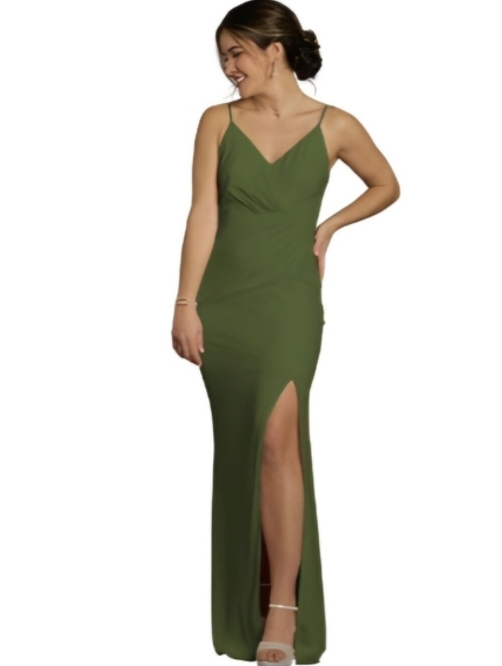 David's Bridal Chiffon Cowl Back V-neck Sheath Dress Martini Olive Color - Picture 4 of 14